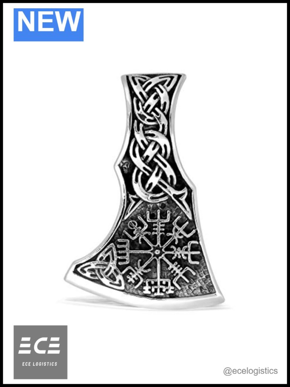925 Sterling Silver Viking Axe Amulet Pendant Mjolnir Vegvisir Double Sided